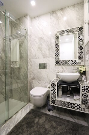 Secadora de cabello, toallas, shampoo, papel de baño 