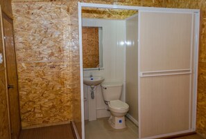 Shower, towels, soap, toilet paper