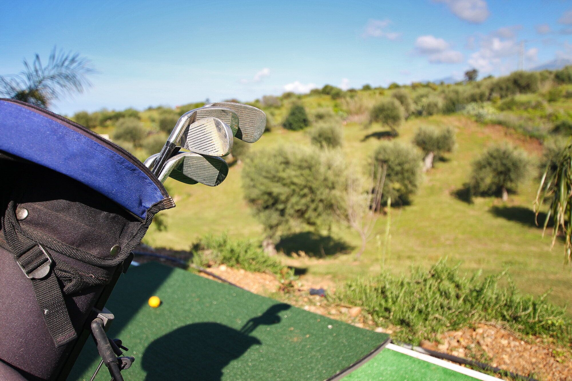 En golftaske med køller på en grøn måtte, foran et naturligt landskab med træer og bakker.