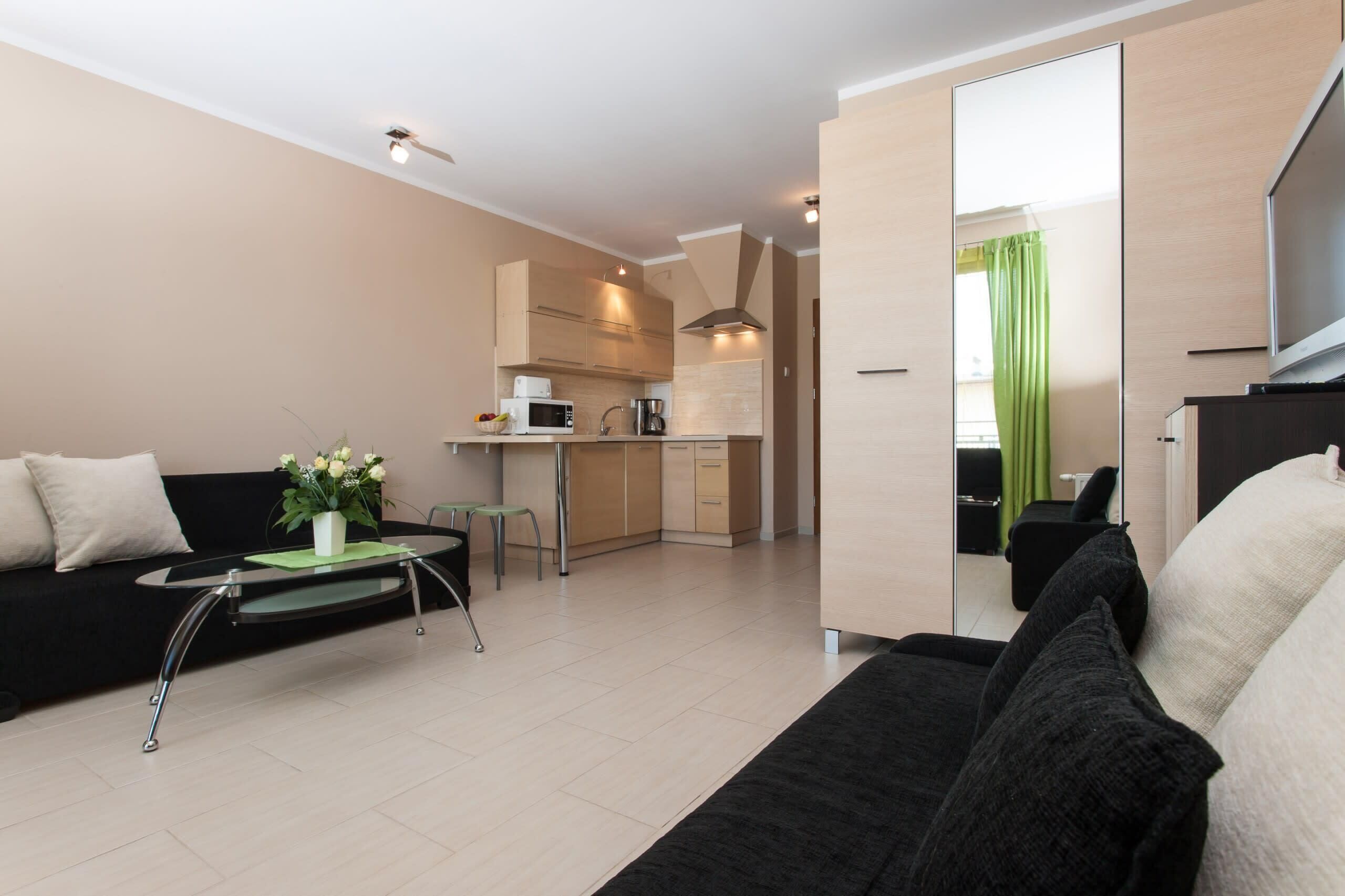 A modern living room with a black sofa, a glass coffee table with a plant, and a kitchen area with a microwave and coffee maker.