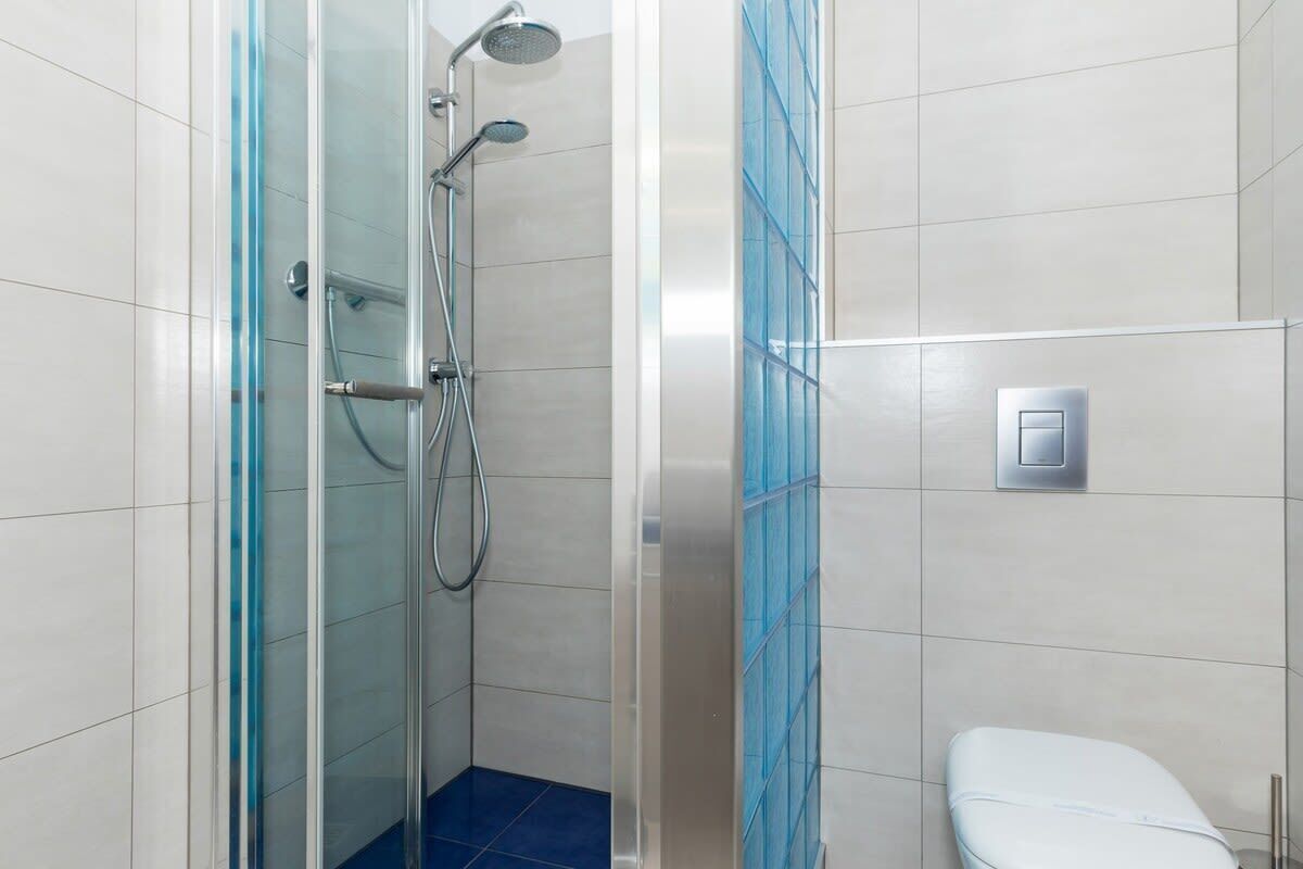 A bathroom with a glass-enclosed shower, a toilet, and a wall-mounted light switch.