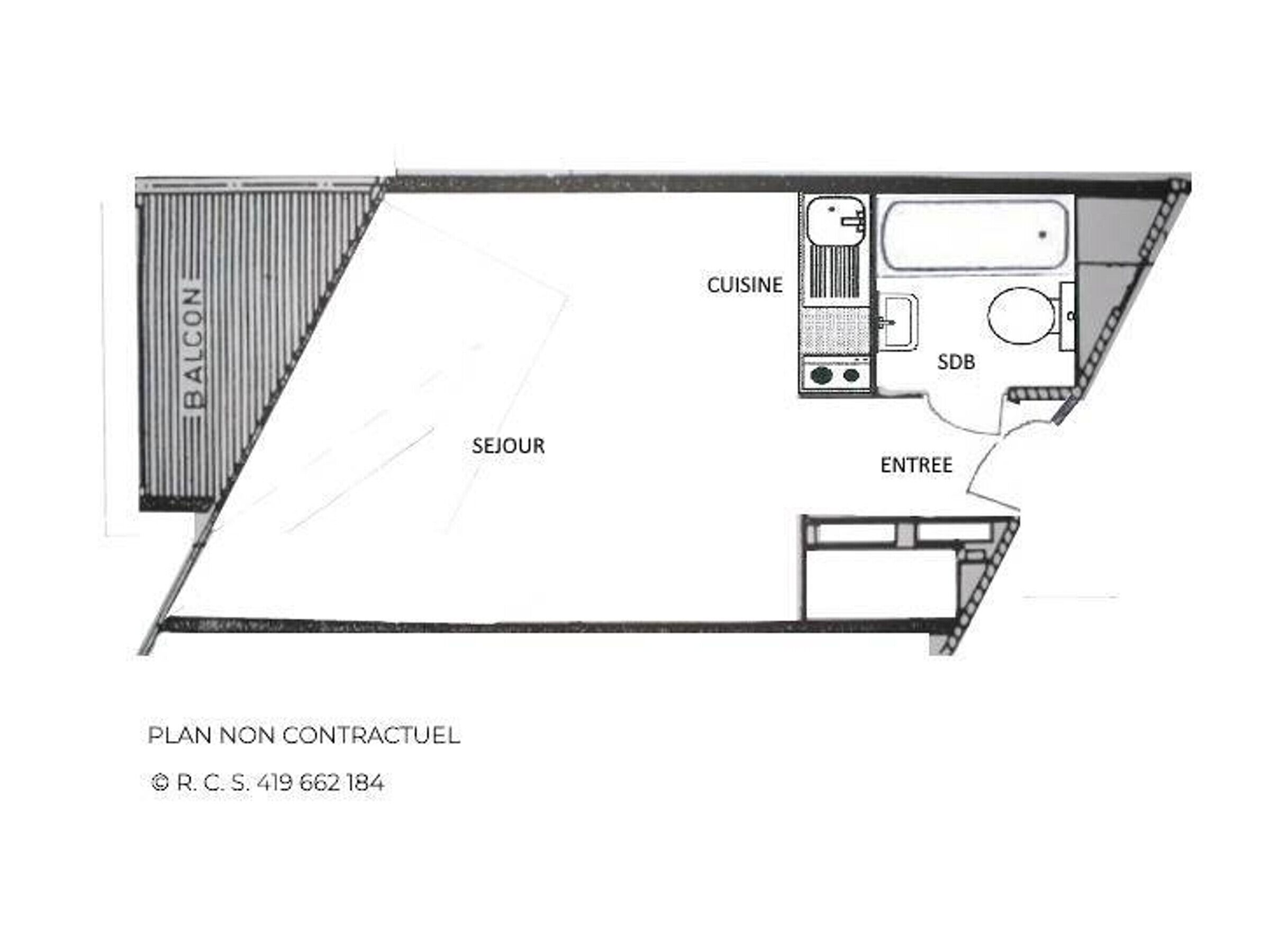 A floor plan with a balcony, a living area, a kitchen, a bathroom, and a bedroom.