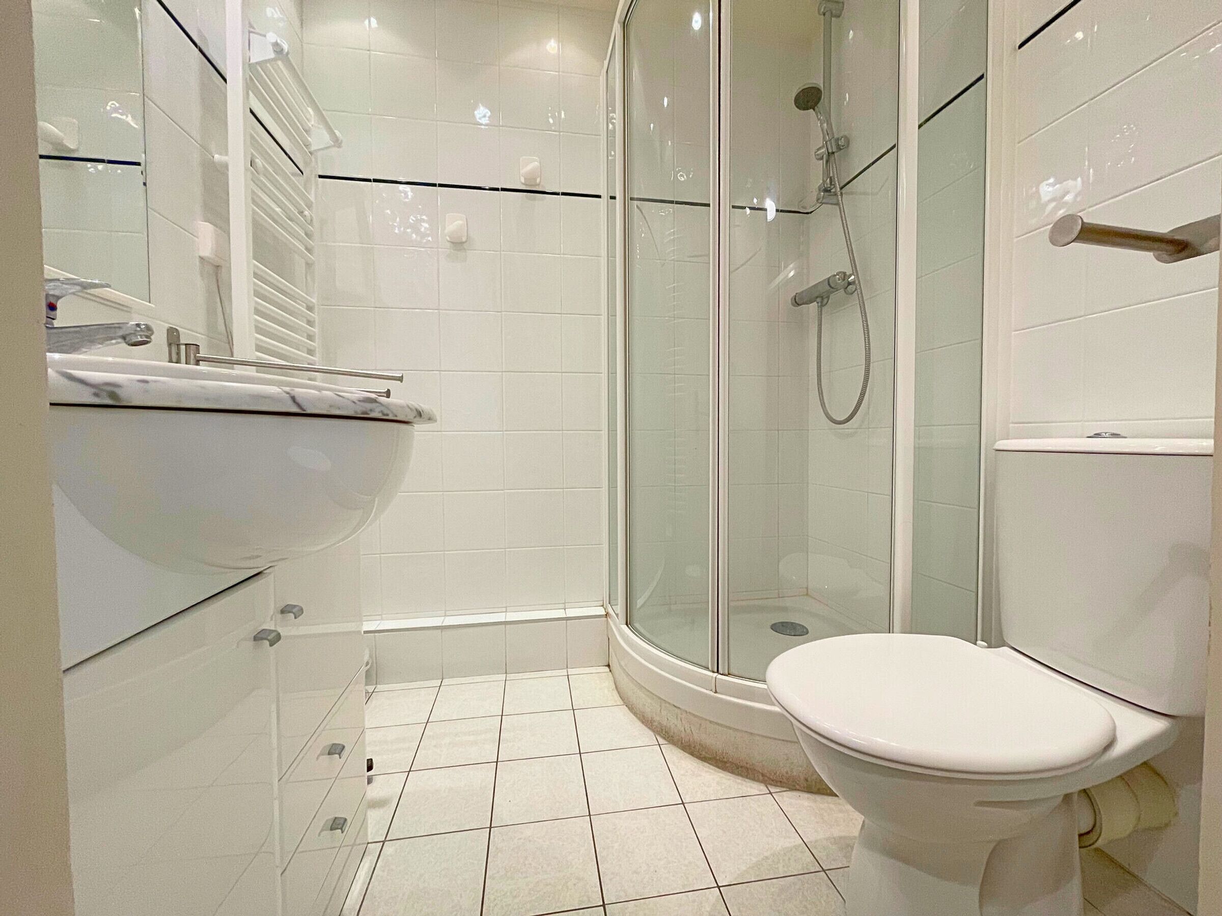 A modern bathroom with a glass-enclosed shower, a white sink, and a toilet.