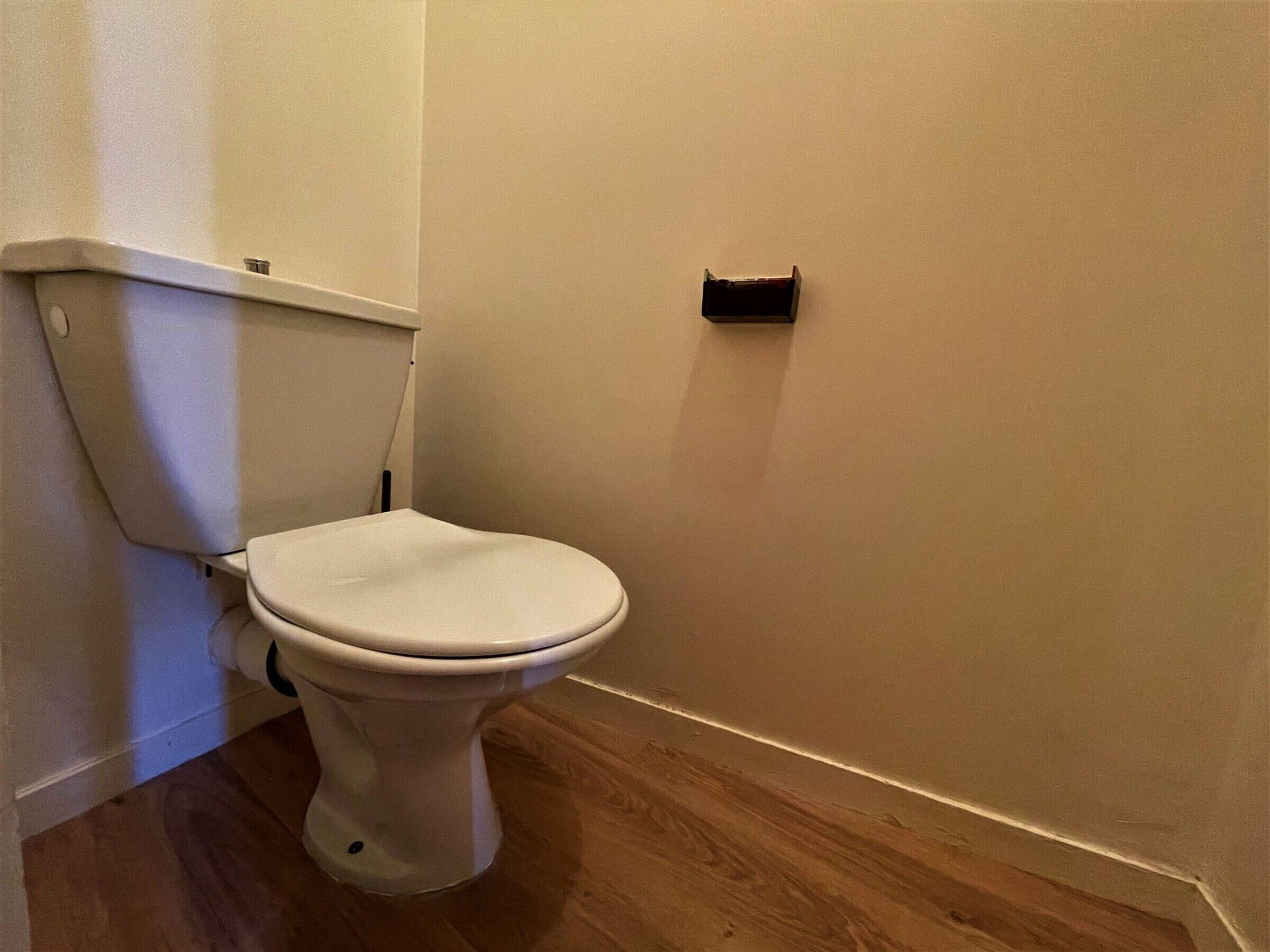 A toilet in a corner of a room with wooden flooring and a white wall.