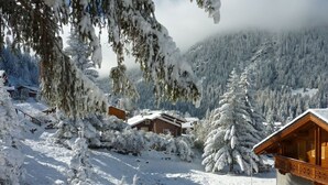 A snow-covered mountain village with wooden cabins and a forested backdrop.