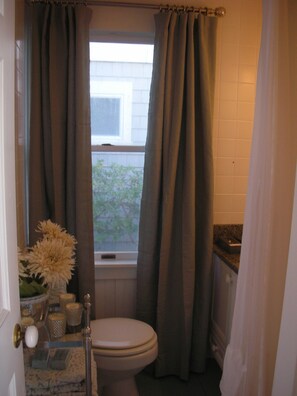 A bathroom with a toilet, a window, and a curtain.