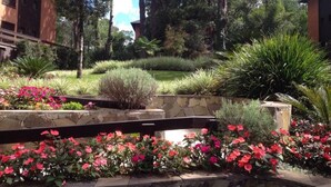Un jardín con un banco de piedra, diversas plantas y un edificio al fondo.