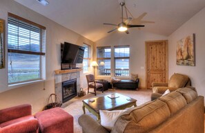 Smart TV, fireplace, books, stereo