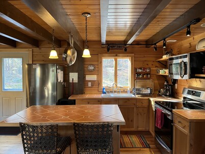 Waterfalls-View-Pond. Secluded Vermont Log Cabin at Mount Snow. EV Outlet
