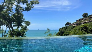 Vista despejada de una piscina con vistas al océano y una zona arbolada.