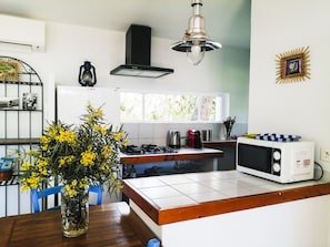 Réfrigérateur, four à micro-ondes, surface de cuisson, cafetière-théière