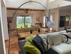 TV connectée, cheminée, lecteur de DVD, livres