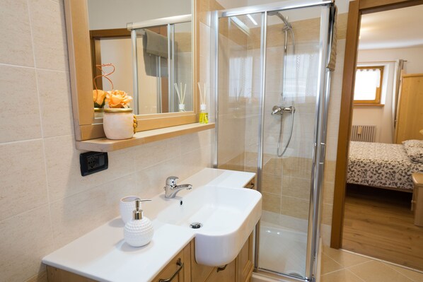 Hair dryer, towels, soap, shampoo