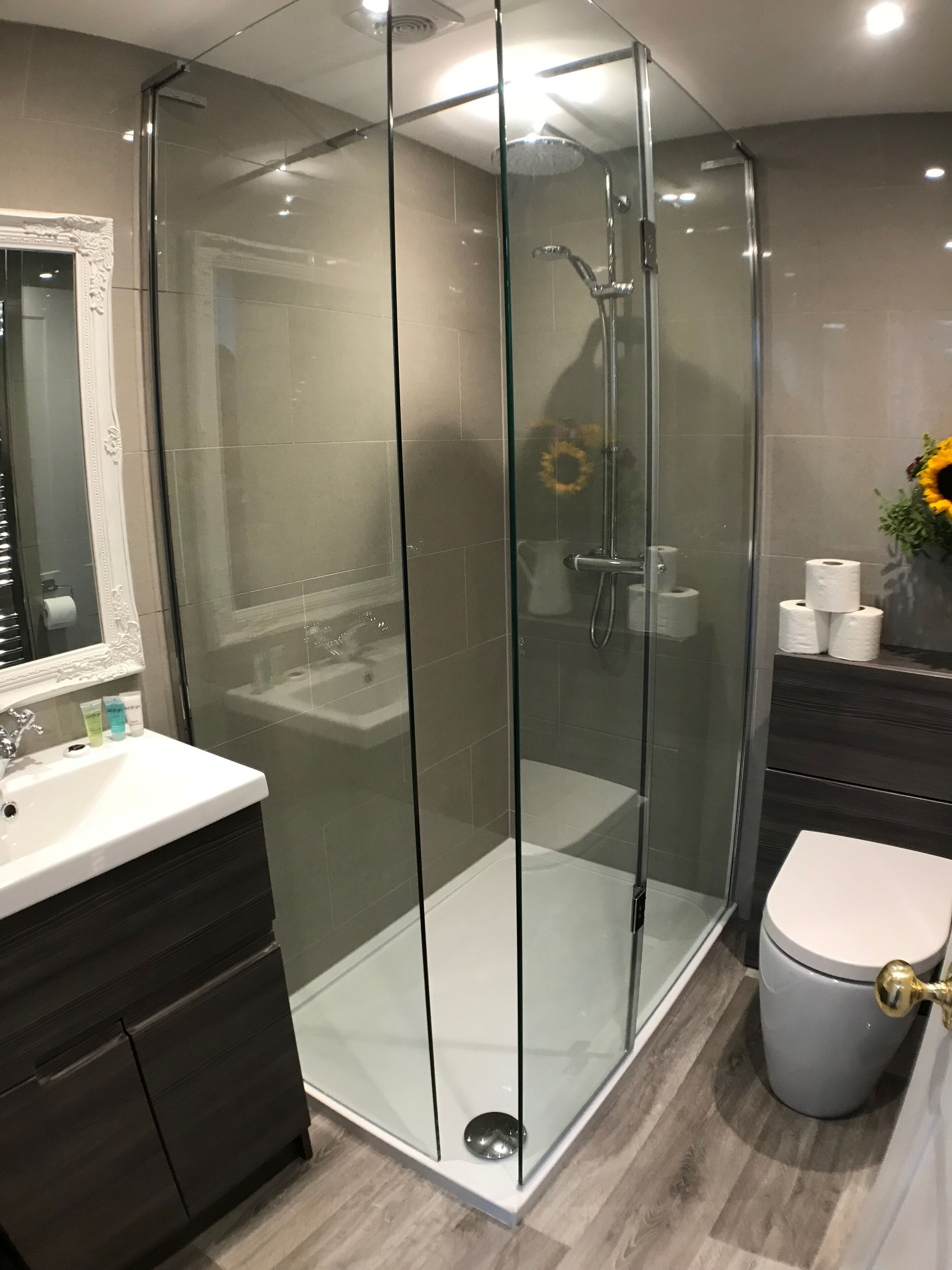 Shower, hair dryer, towels, toilet paper