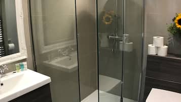 Shower, hair dryer, towels, toilet paper