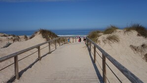 Una passerella in legno che conduce a una spiaggia con dune e l'oceano sullo sfondo.