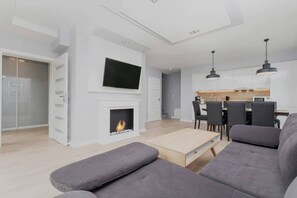 TV, fireplace
