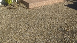 Zona residencial con entrada pavimentada, escalones que conducen a una puerta y un pequeño jardín con grava y un árbol.