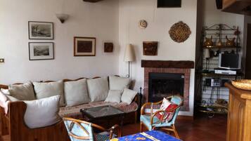 Fernseher, Kamin, Bücher, Musikbibliothek