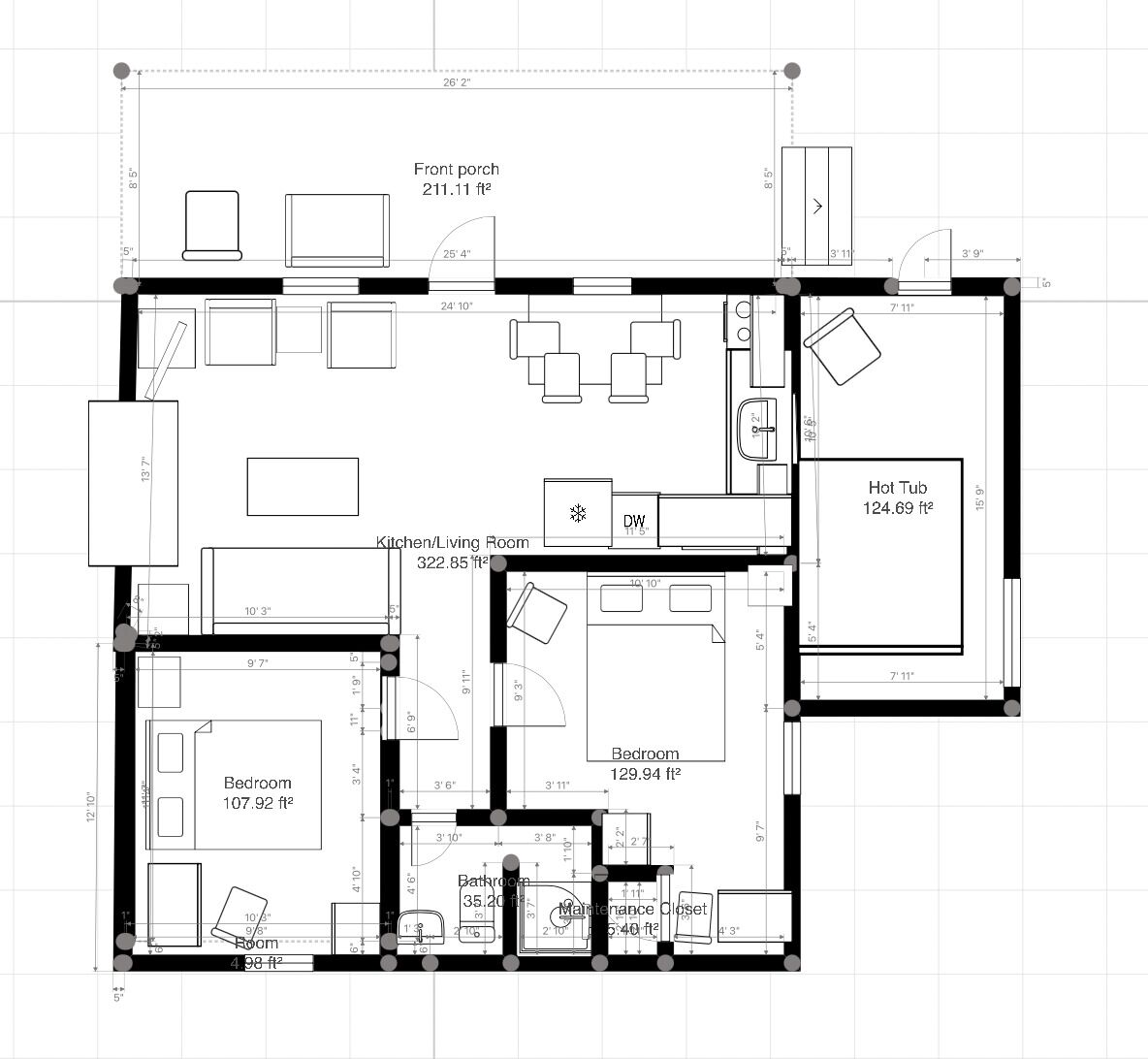 Un plan d’étage d’une maison comprenant une cuisine/salon, deux chambres, une salle de bain, un placard pour les équipements de maintenance et un jacuzzi.