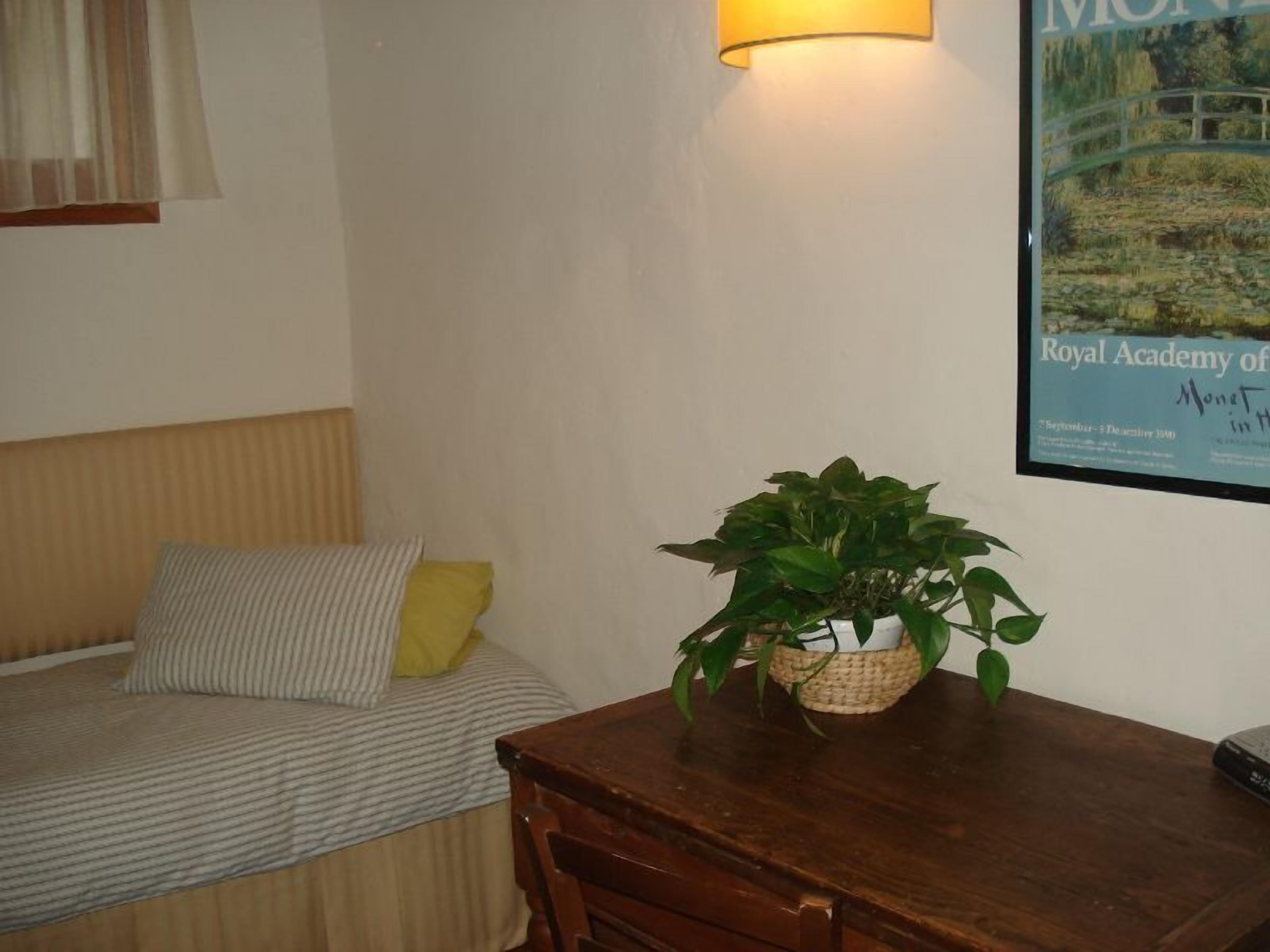 A bedroom with a bed, a bedside table with a plant, a wall-mounted lamp, and a poster on the wall.