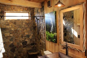 Shower, hair dryer, towels, toilet paper - The Sounds of Nature!  Wildlife and Mtn. views are all you will see and hear (Marion)