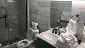 Un baño con inodoro, lavamanos y ducha.