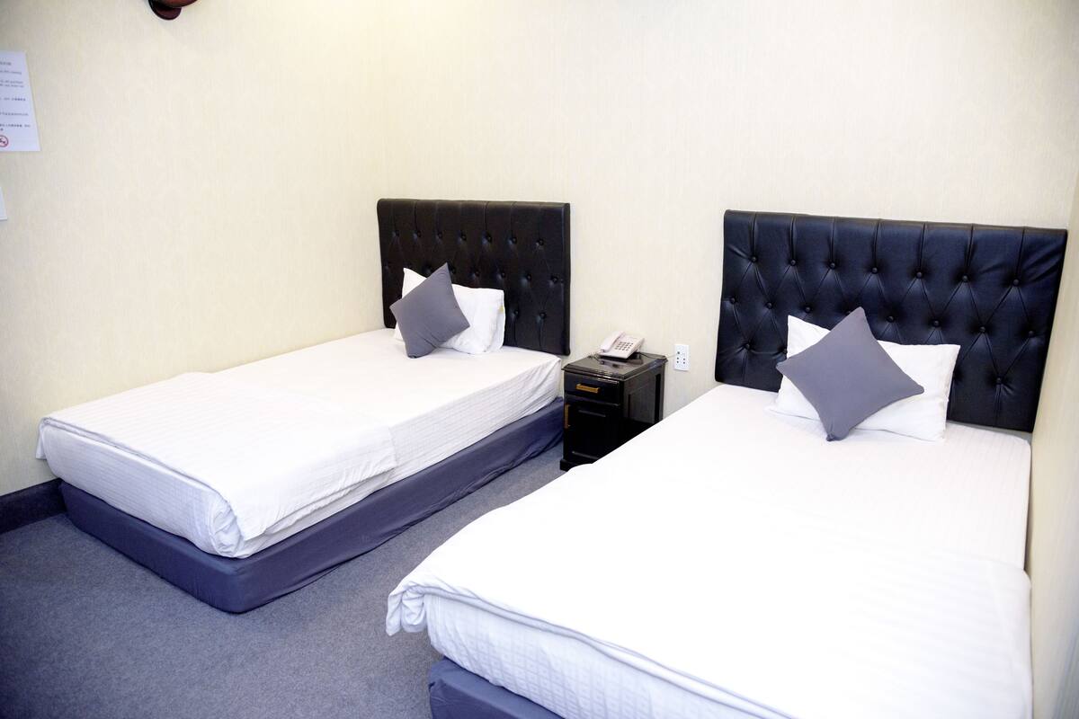 Two single beds with dark headboards, white linens, and gray pillows in a hotel room.