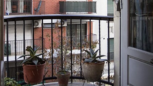 Un balcone con piante in vaso e vista su un edificio a più piani con balconi.
