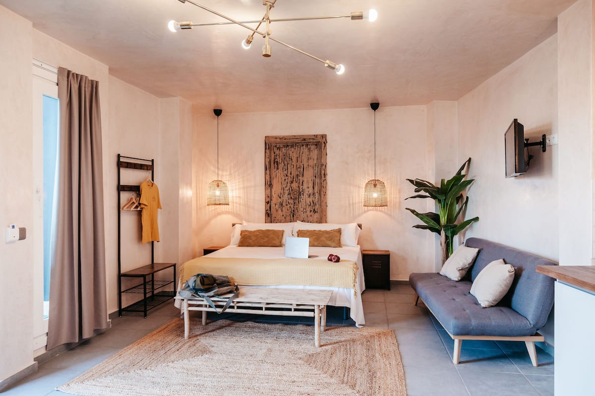 A modern bedroom with a bed, bedside tables, a bench, a sofa, and a large plant.