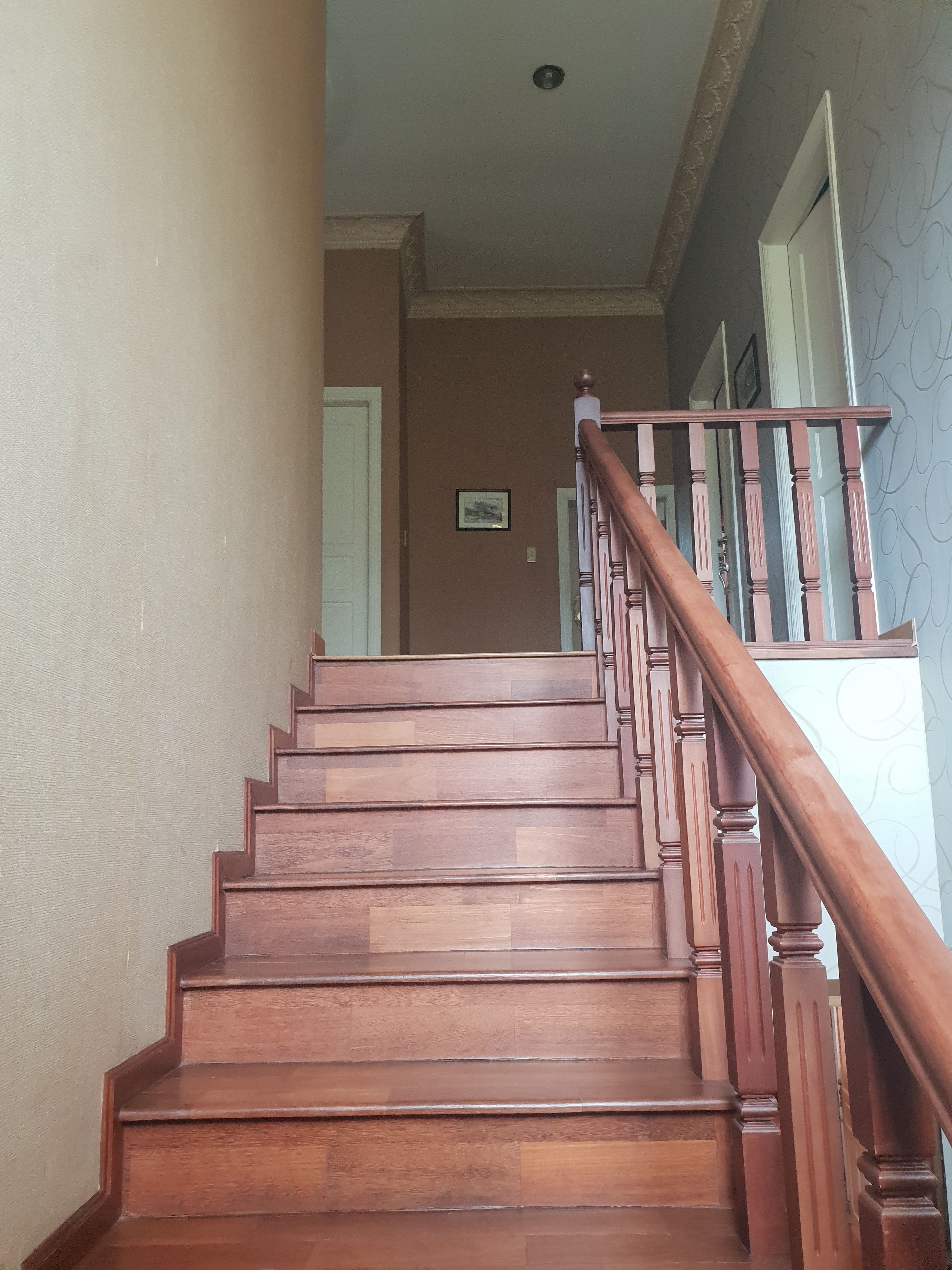 Een houten trap met een leuning, leidend naar een plateau met een deur en een ingelijst beeld aan de muur.
