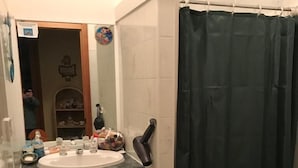 A bathroom with a sink, mirror, and shower curtain. - Independent holiday unit (Bicheno)