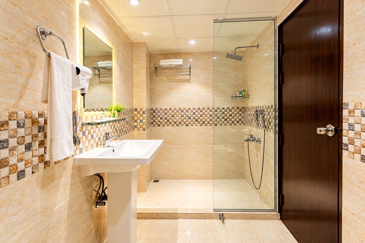 A modern bathroom with a glass-enclosed shower, a sink, and a wooden door.