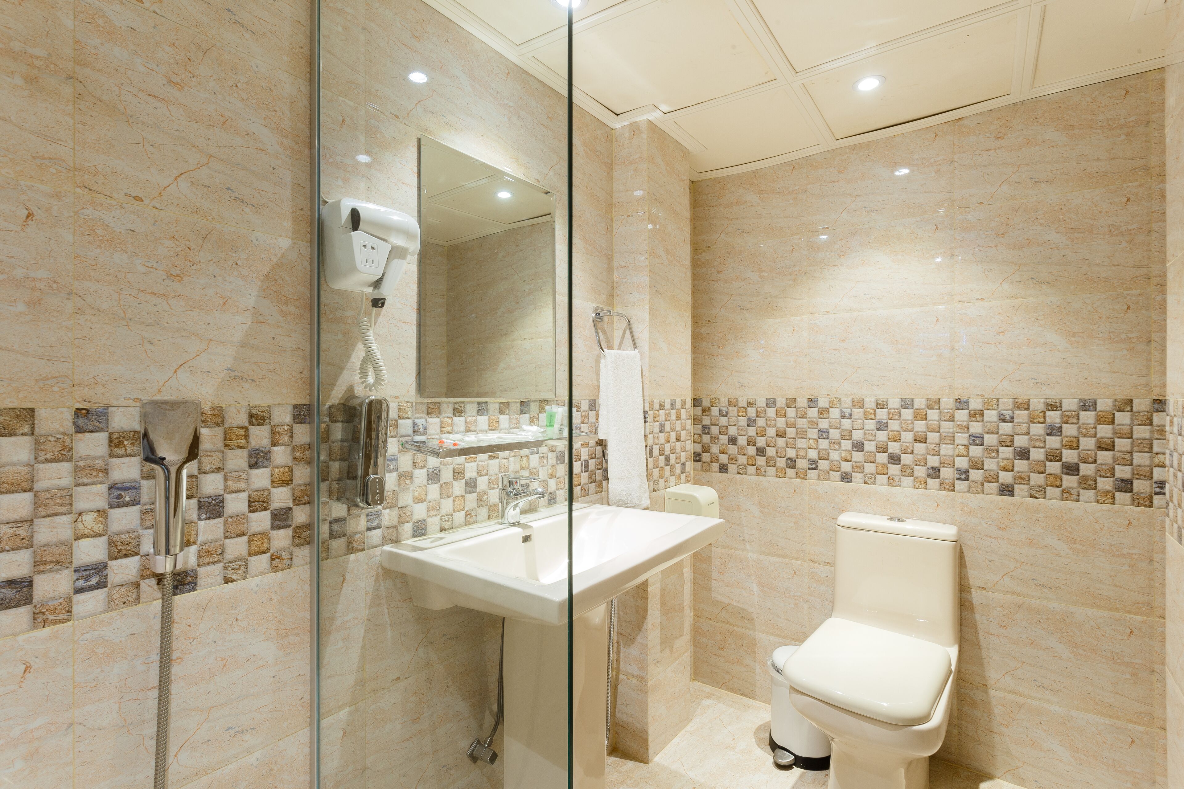 shower, rainfall showerhead, eco-friendly toiletries, slippers