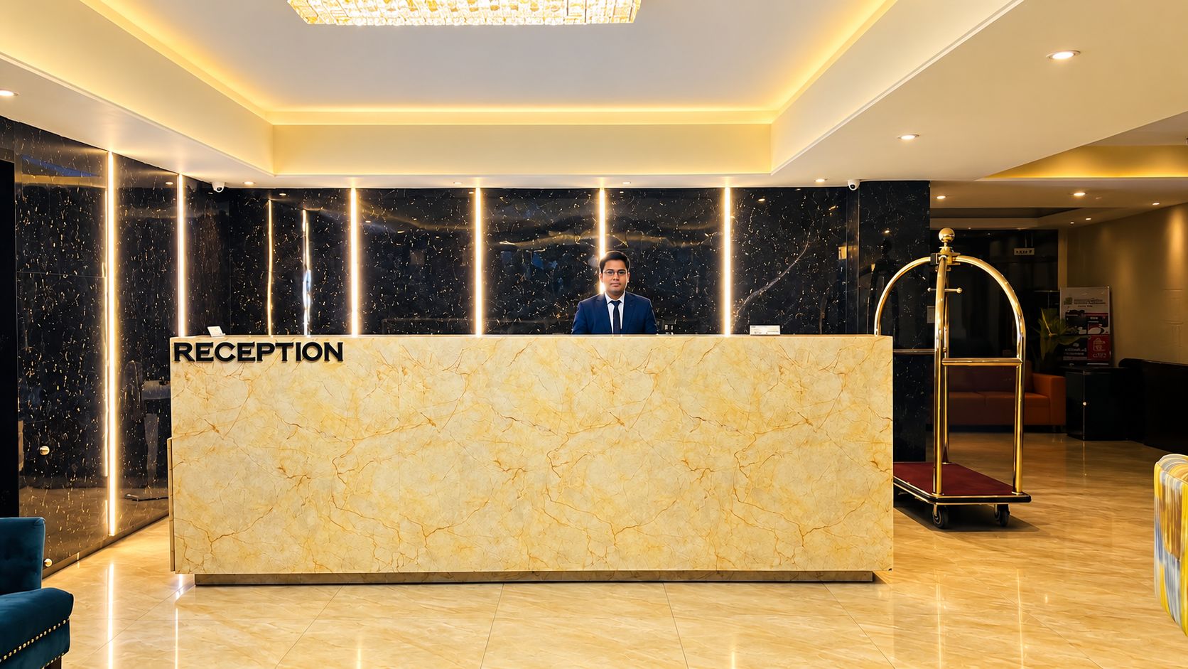 A reception desk with a marble top, a sign labeled 'RECEPTION,' and a man standing behind it.