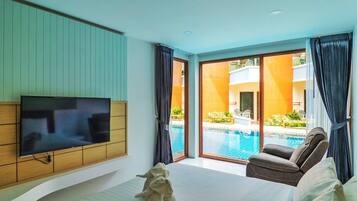 2Bed Room Family Pool Access | Premium bedding, in-room safe, desk, laptop workspace
