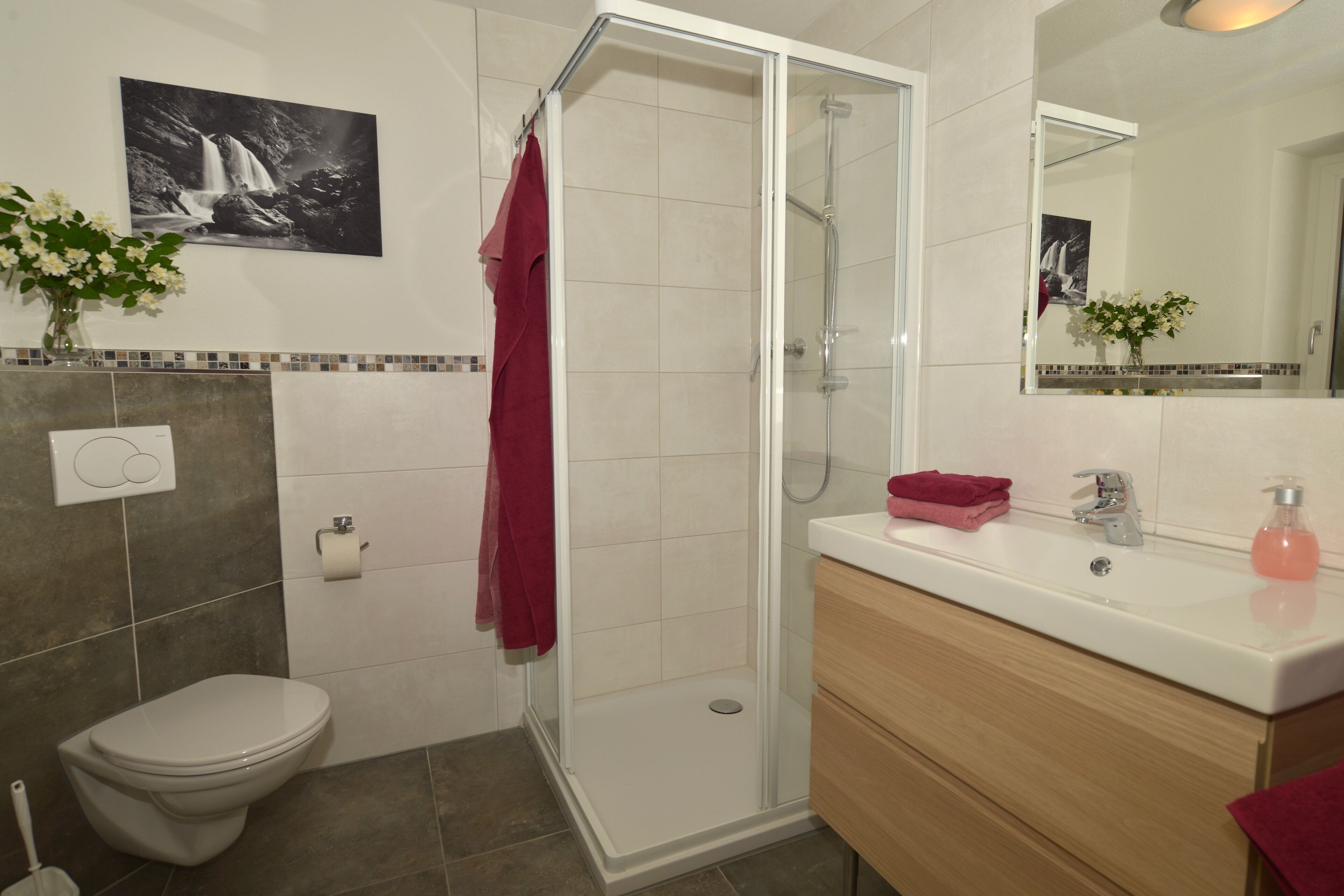 Douche, sèche-cheveux, chaussons, serviettes fournies