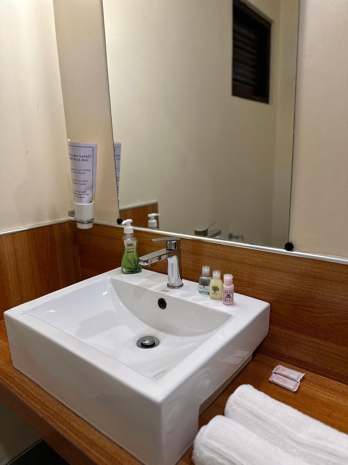 Un baño de hotel con un lavabo blanco, un espejo y artículos de aseo en la encimera.
