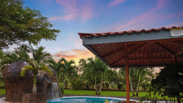 Une piscine agrémentée d’une cascade, entourée d’une végétation tropicale et d’un pavillon abrité.