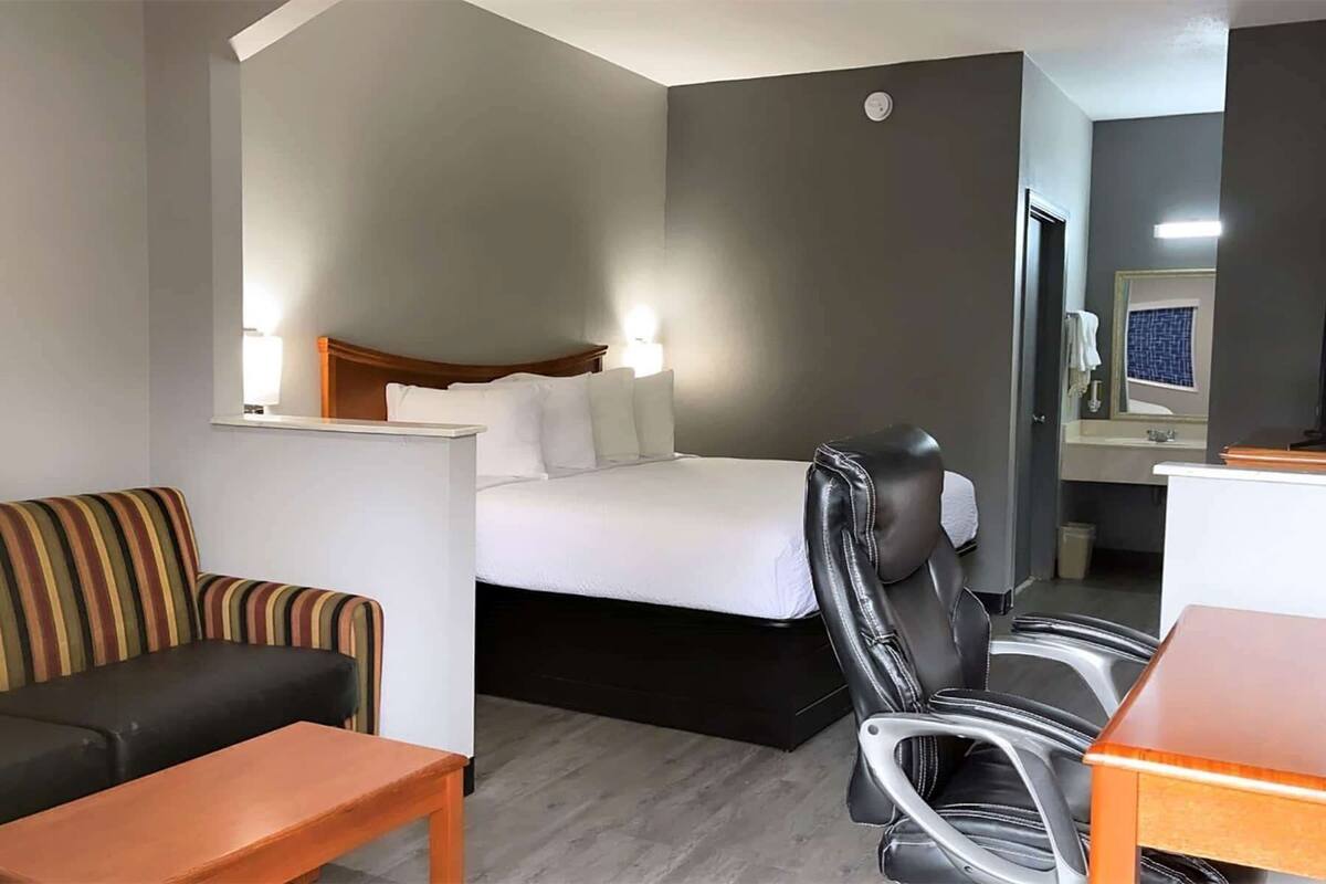 A hotel room with a bed, a desk, a chair, a sofa, and a mirror.