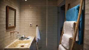 Shower, hair dryer, towels, shampoo