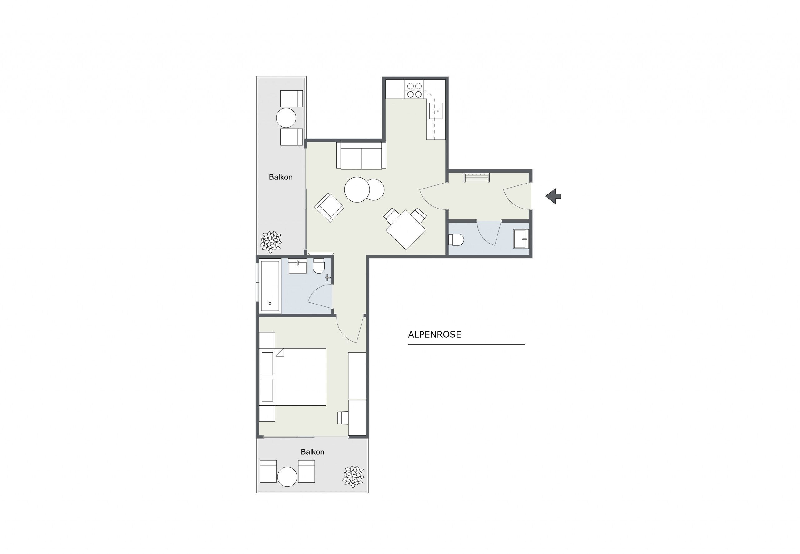Un plan d’étage d’un hôtel comprenant un balcon, une cuisine, un coin repas, une salle de bain et un salon.