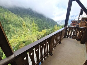 A balcony with a view of a forested mountain range.