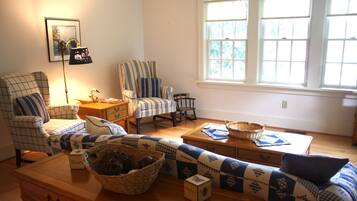 Smart TV, fireplace, DVD player, books