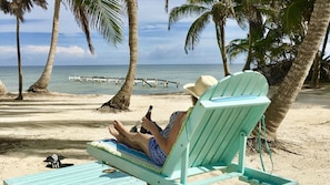 On the beach, sun-loungers, beach towels - *** Camping over Caribbean Sea at the Dock House *** (San Pedro)
