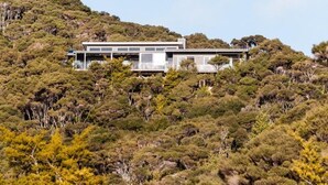 Une maison moderne située sur une colline, offrant une vue sur la forêt environnante.
