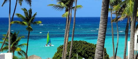 On the beach, sun-loungers, beach towels