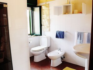 Douche, sèche-cheveux, bidet, serviettes fournies