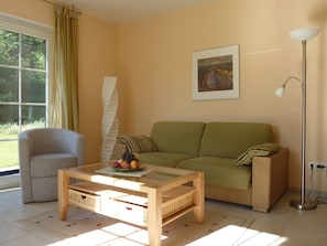 LCD TV, fireplace, DVD player, books