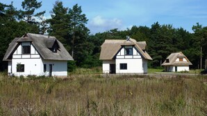 Three traditional houses with thatched roofs in a grassy field. - apartes holiday house with fireplace and sauna invites you to a relaxing holiday (Zirchow)